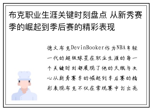 布克职业生涯关键时刻盘点 从新秀赛季的崛起到季后赛的精彩表现