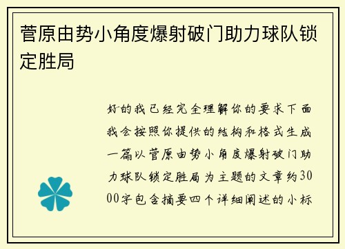 菅原由势小角度爆射破门助力球队锁定胜局